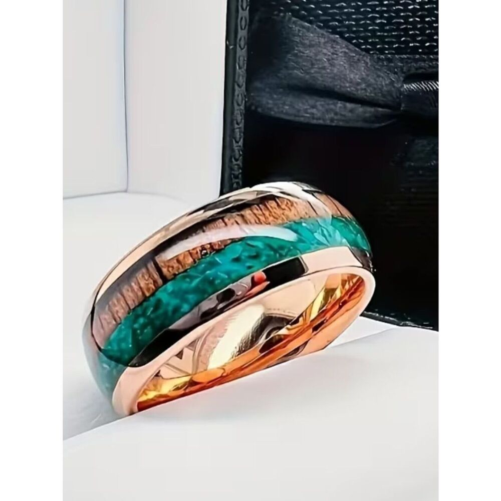 NWT 8mm Rose Gold Tungsten Ring Faux Wood Simulated Turquoise Resin Band 10